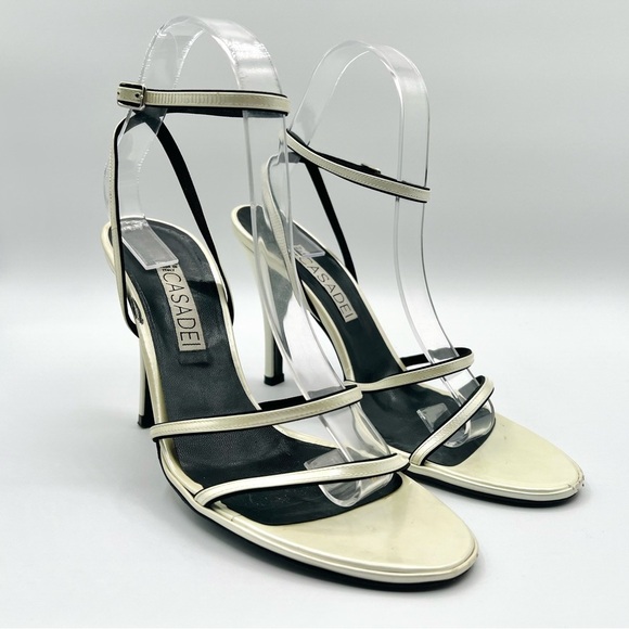 CASADEI LEATHER CREAM HEELS STRAPPY SANDALS ANKLE SHOES MADE IN ITALY WOMAN 9 - Picture 10 of 15